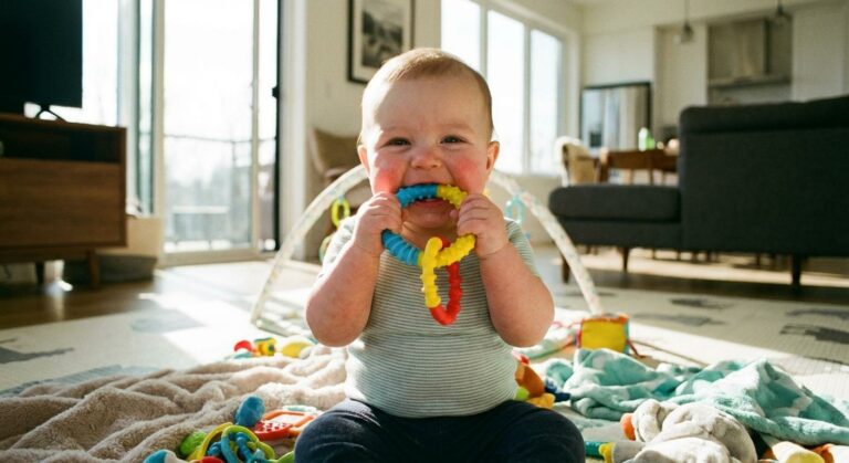 A smiling baby chewing on a teething ring to relieve baby gums in a bright living room.