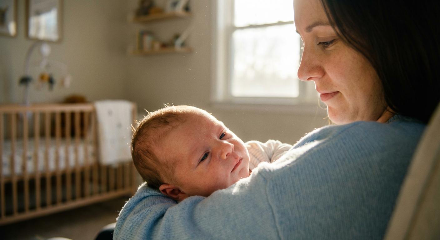A mother gently rocking her infant in her arms to help relieve baby gums.