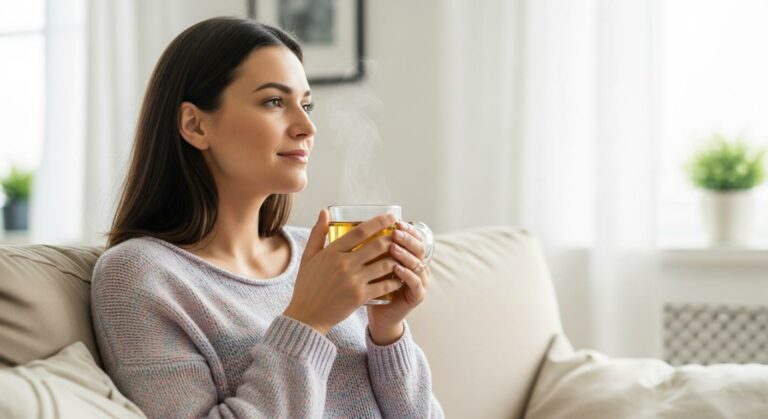 Femme se détendant avec une tisane pour soulager montée de lait sans allaiter
