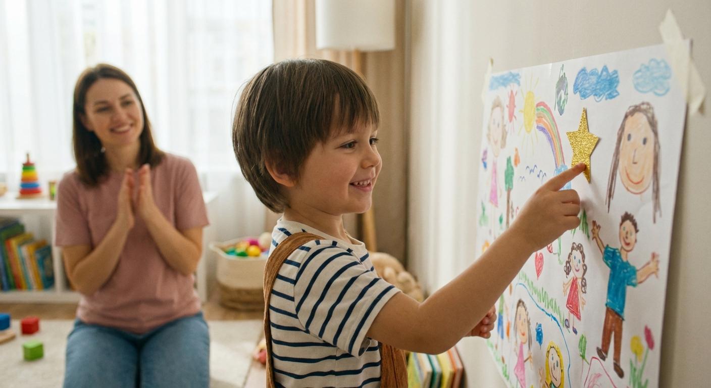 Un enfant joyeux colle une gommette sur un tableau de motivation enfant accroché au mur du salon