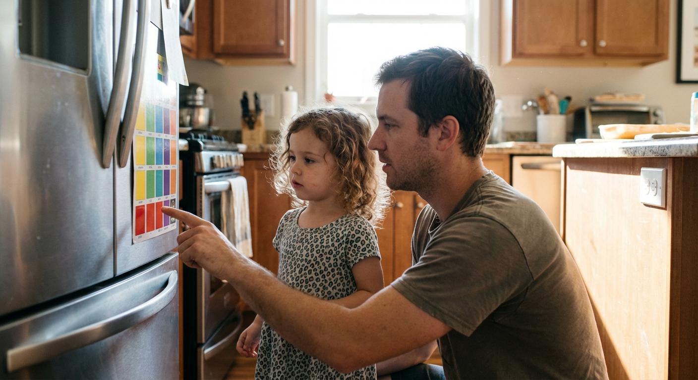 Une petite fille et son père observant un tableau de motivation enfant sur le frigo de la cuisine