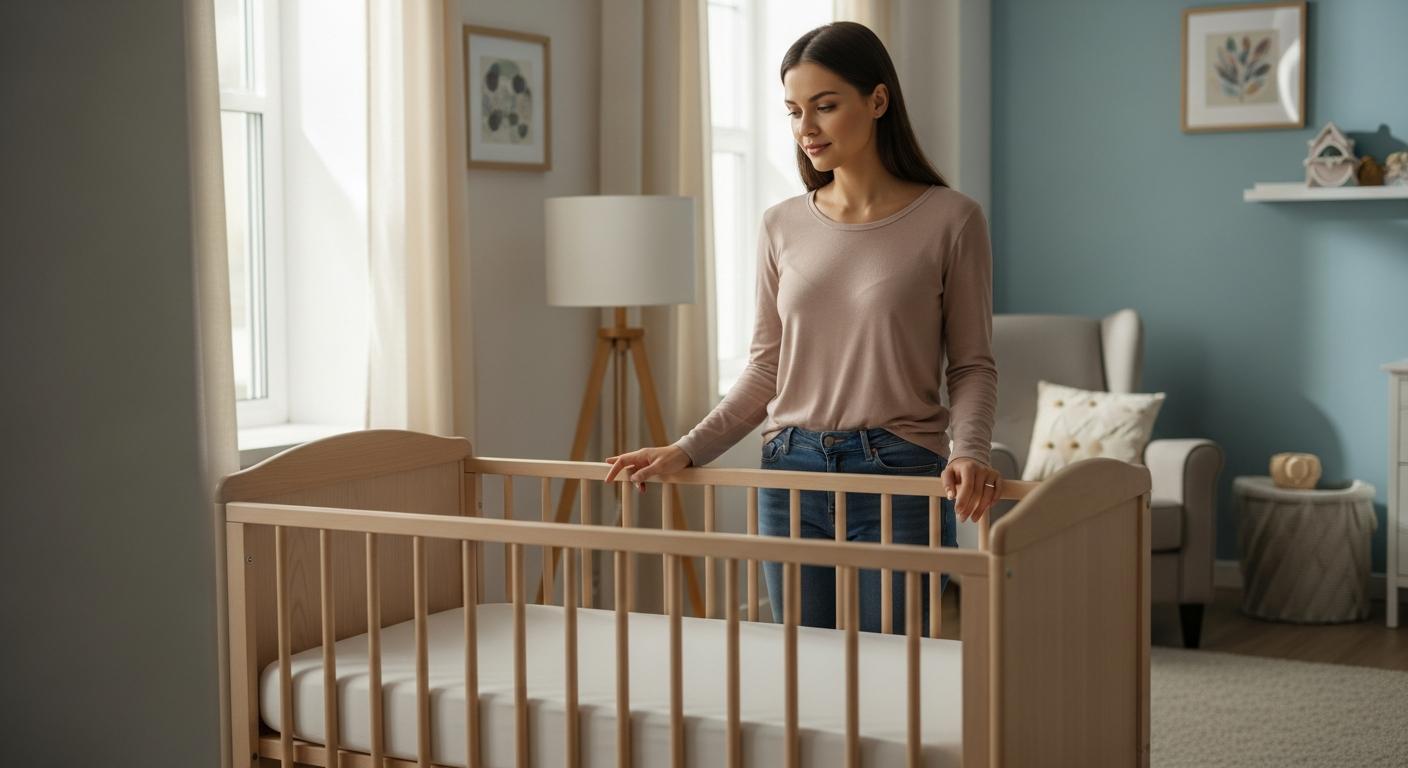 A mother standing next to an empty and secure crib containing no crib bumper danger for infant safety