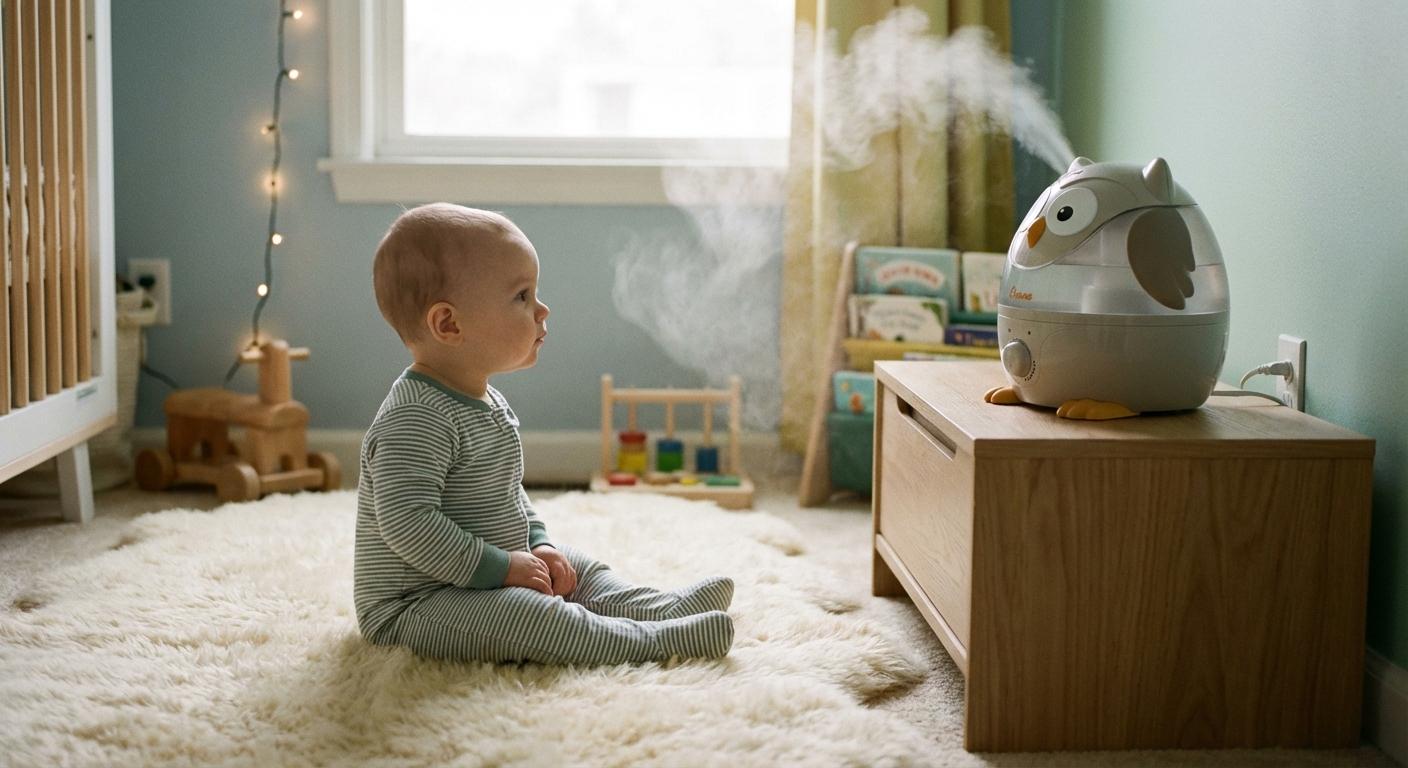 A baby in his room with a humidifier used as a natural remedy for infant cough