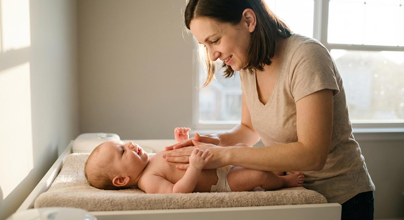 A mother massages her child's chest to apply a natural remedy for infant cough