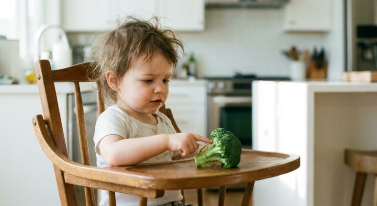 Un tout-petit regardant avec hésitation un morceau de brocoli illustrant un trouble de l'oralité alimentaire