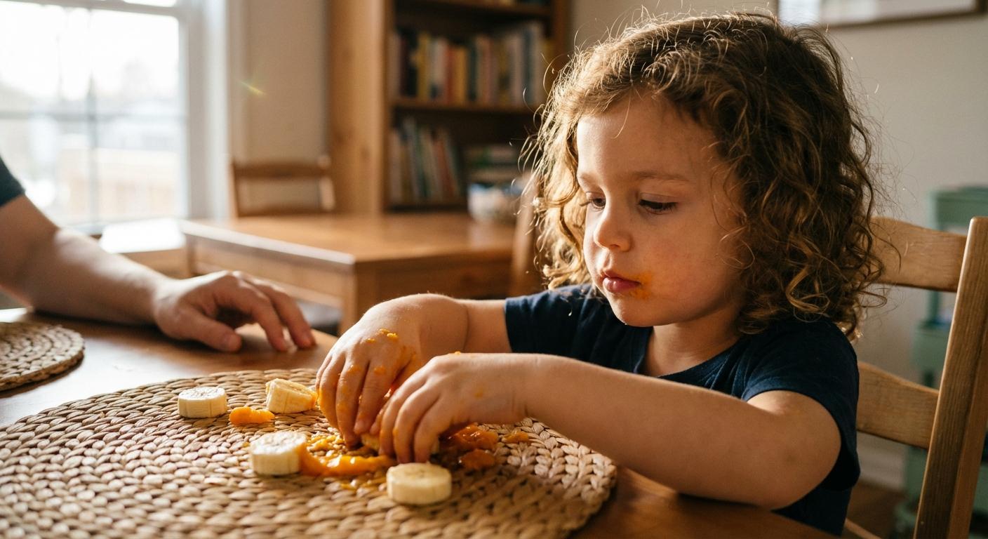 Un jeune enfant explorant les textures des aliments avec les mains pour gérer le trouble de l'oralité alimentaire