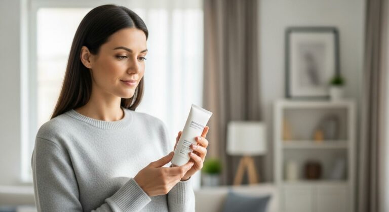 Une jeune femme examine un tube de crème hydratante dans une chambre lumineuse pour soigner l'urticaire de bébé.