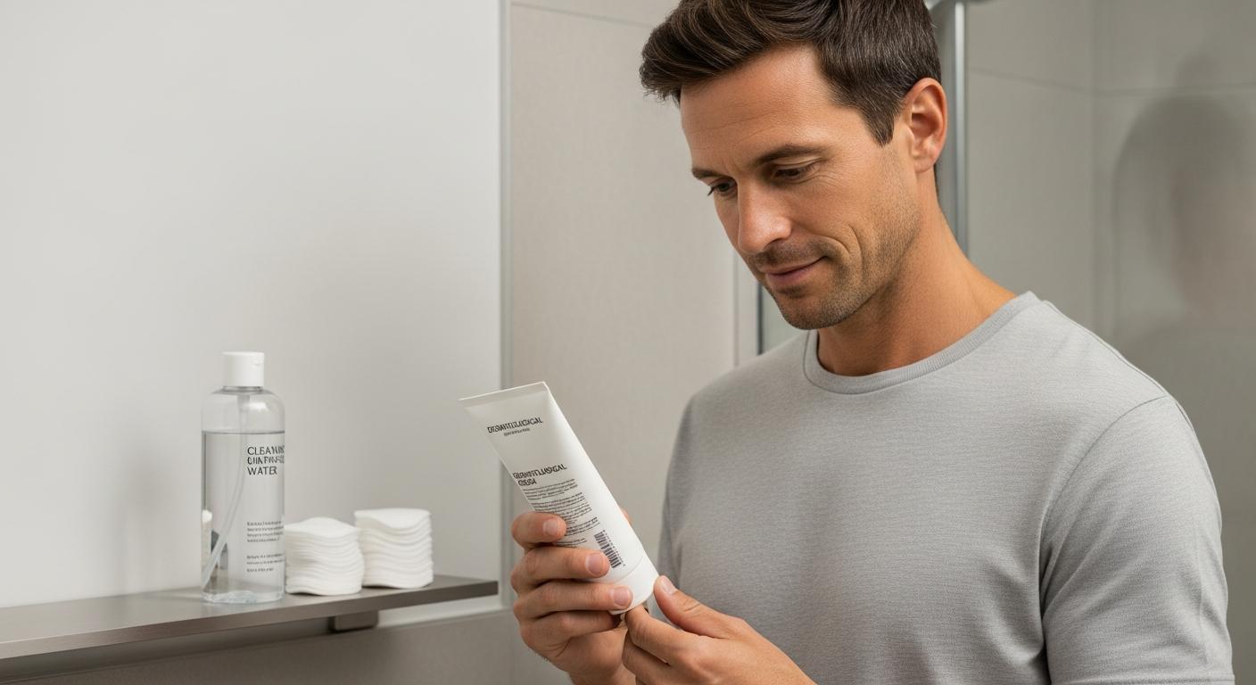 A dad reads the composition of a hypoallergenic moisturizing cream adapted to relieve baby hives in the bathroom.