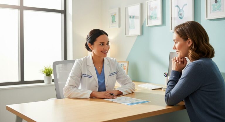 Une pédiatre explique le calendrier du vaccin gastro bébé à une jeune maman dans un cabinet médical.