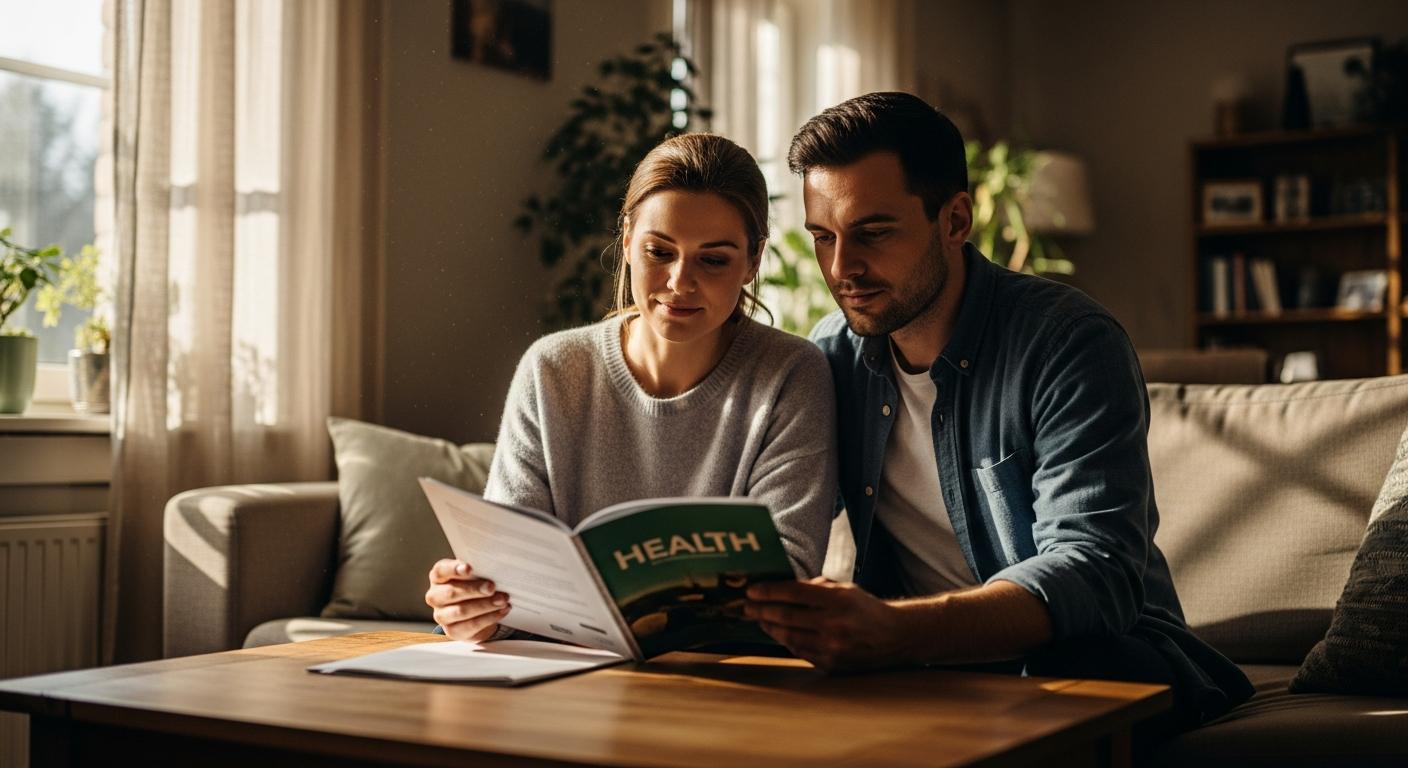 Un jeune couple vérifie le carnet de santé dans le salon pour planifier le vaccin gastro bébé.