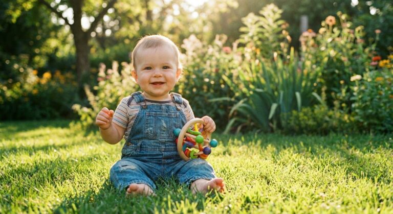 A smiling baby playing in the grass of a garden, an environment where parasites requiring baby dewormer can be found