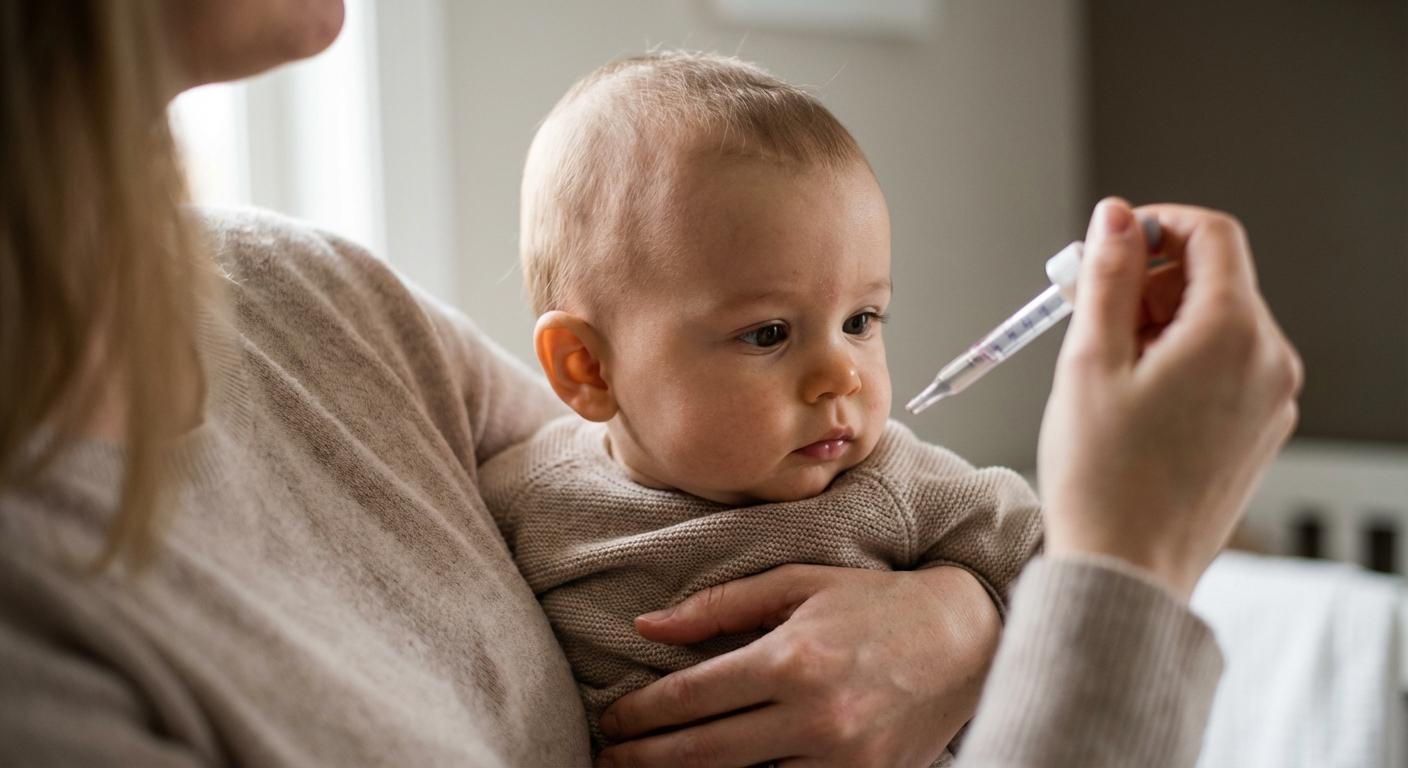 A baby in a mother's arms curiously looking at a pipette of baby dewormer syrup