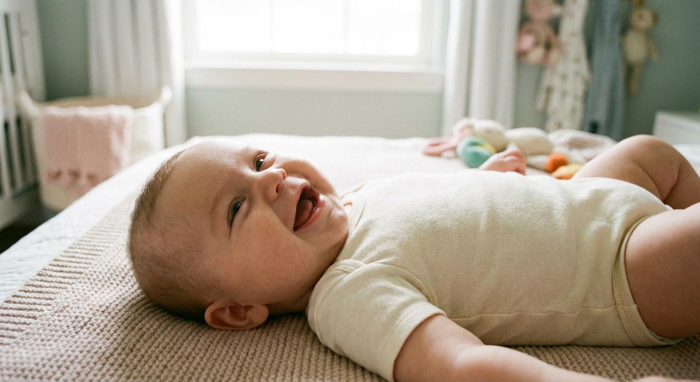 A smiling baby practicing baby vocalization on a soft blanket