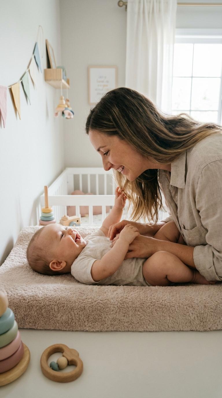 A smiling baby lying on a changing table interacts with their mother during a diaper change in a bright room.