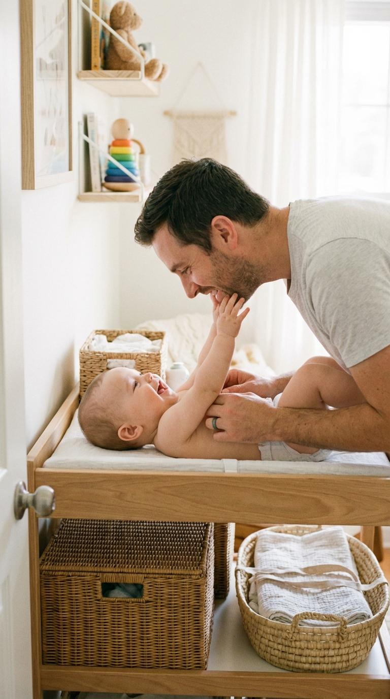 A smiling father preparing for his happy baby's diaper change on a changing table in a bright room.