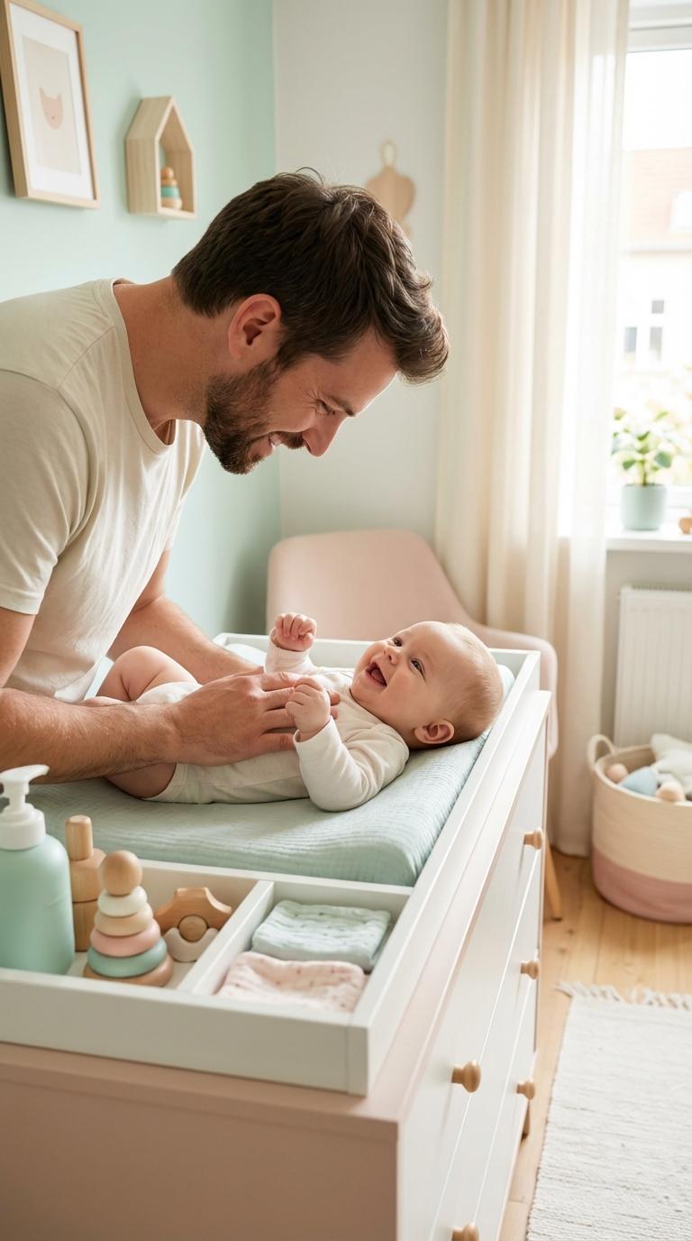 A happy baby on a changing table interacts with their father during a diaper change.