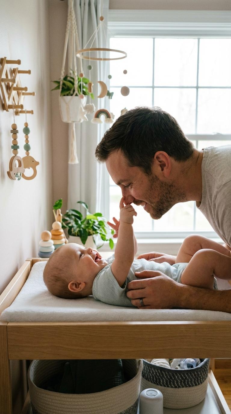 Happy baby on a changing table interacting with his father for a diaper change.