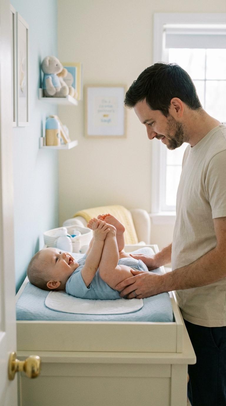 A smiling baby lying on a changing table with his father during a diaper change