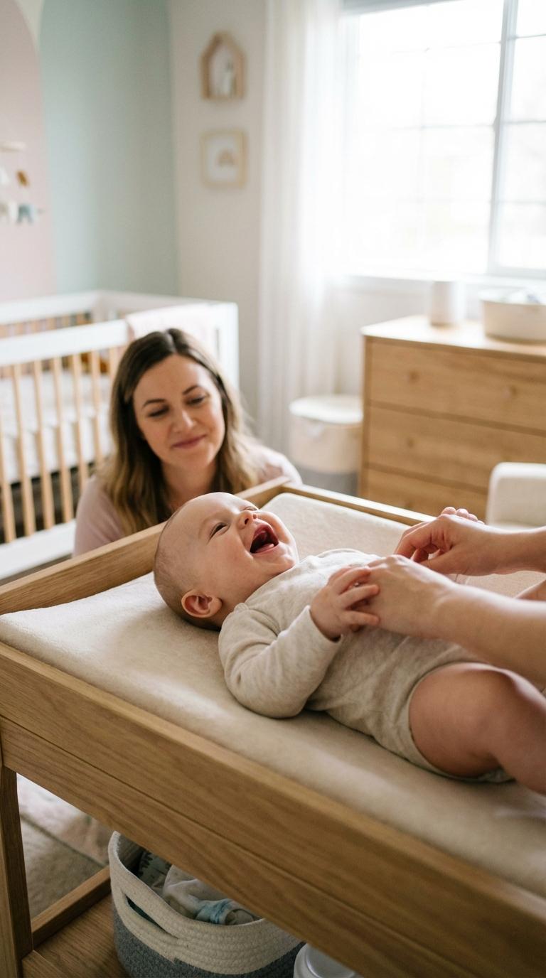 Un bébé de 6 mois souriant sur une table à langer lors d'un changement de couche par sa mère.