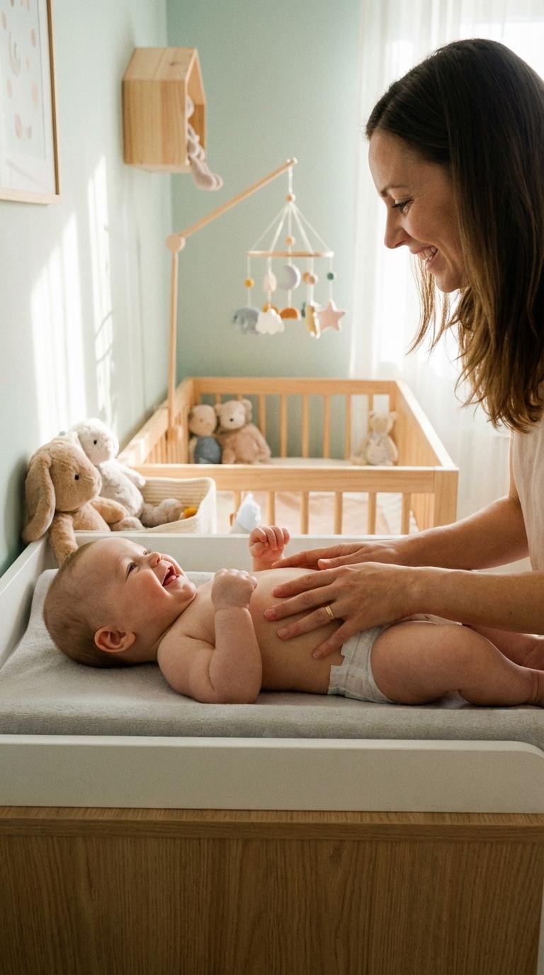 A happy baby on a changing table looking at his mother during a diaper change in a bright nursery