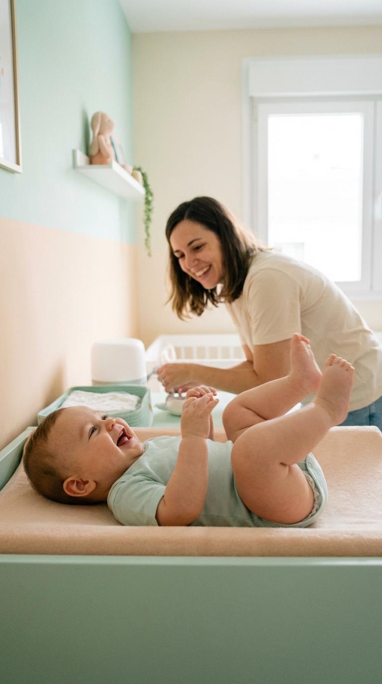 A smiling baby lying on a changing table during a diaper change in a bright room