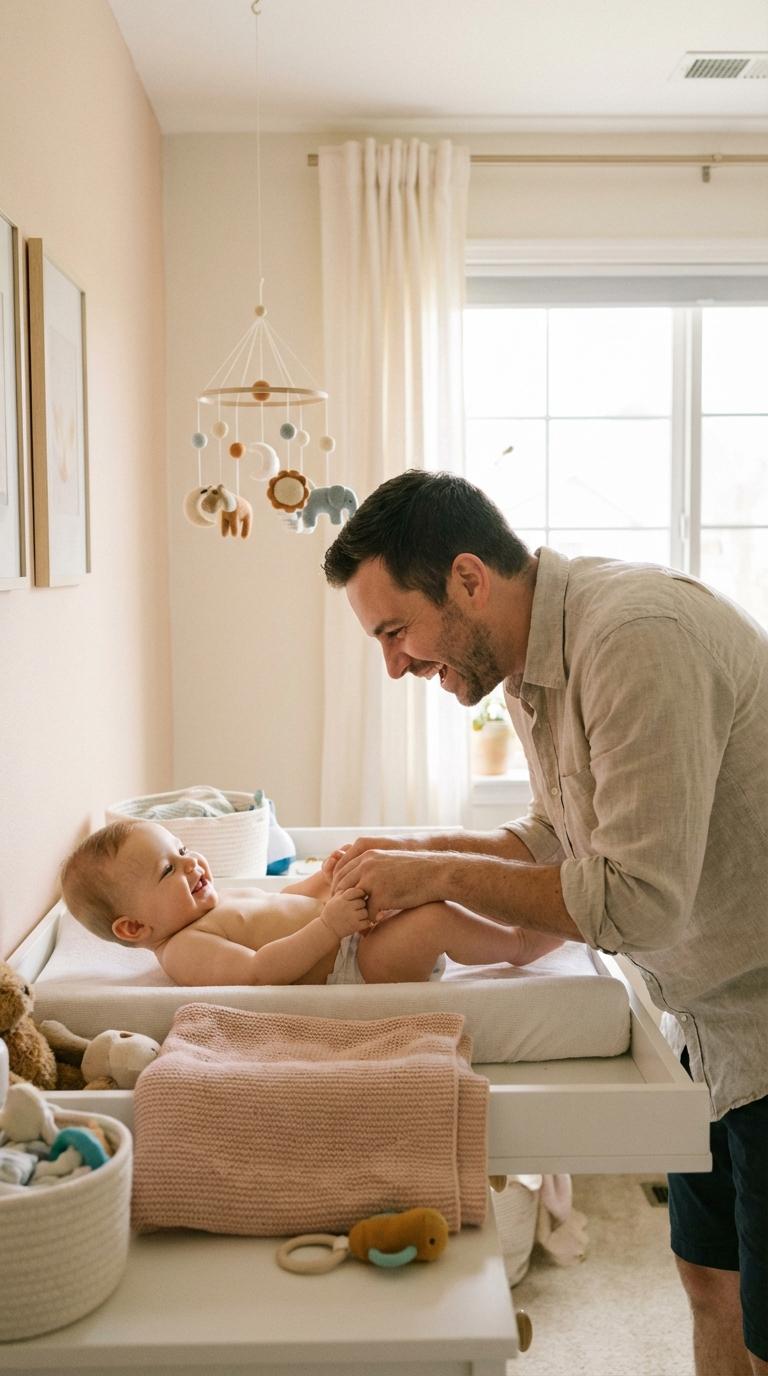 A smiling baby on a changing table with their dad preparing for a diaper change in a bright nursery.