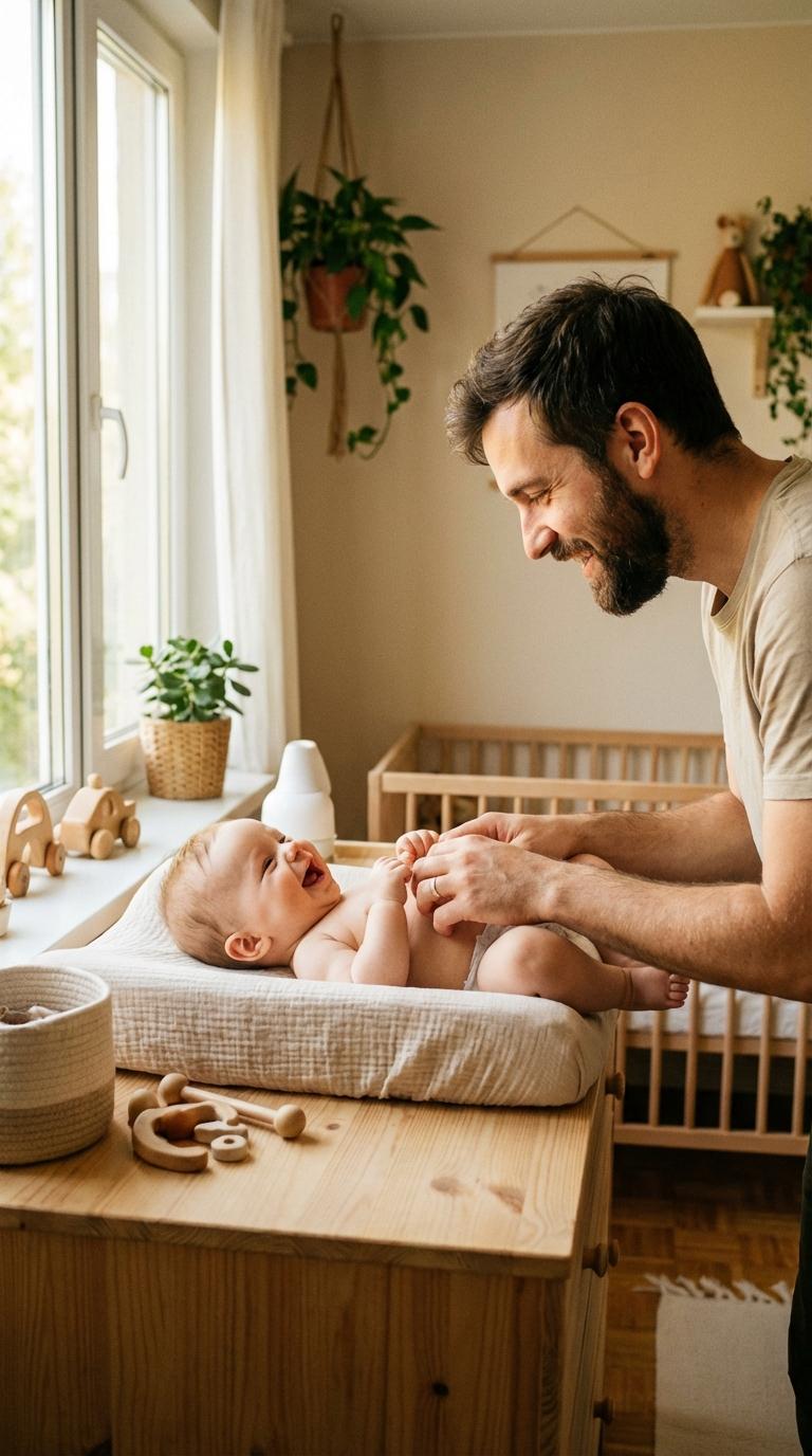 A smiling baby lying on a wooden changing table interacting with their father during a diaper change.