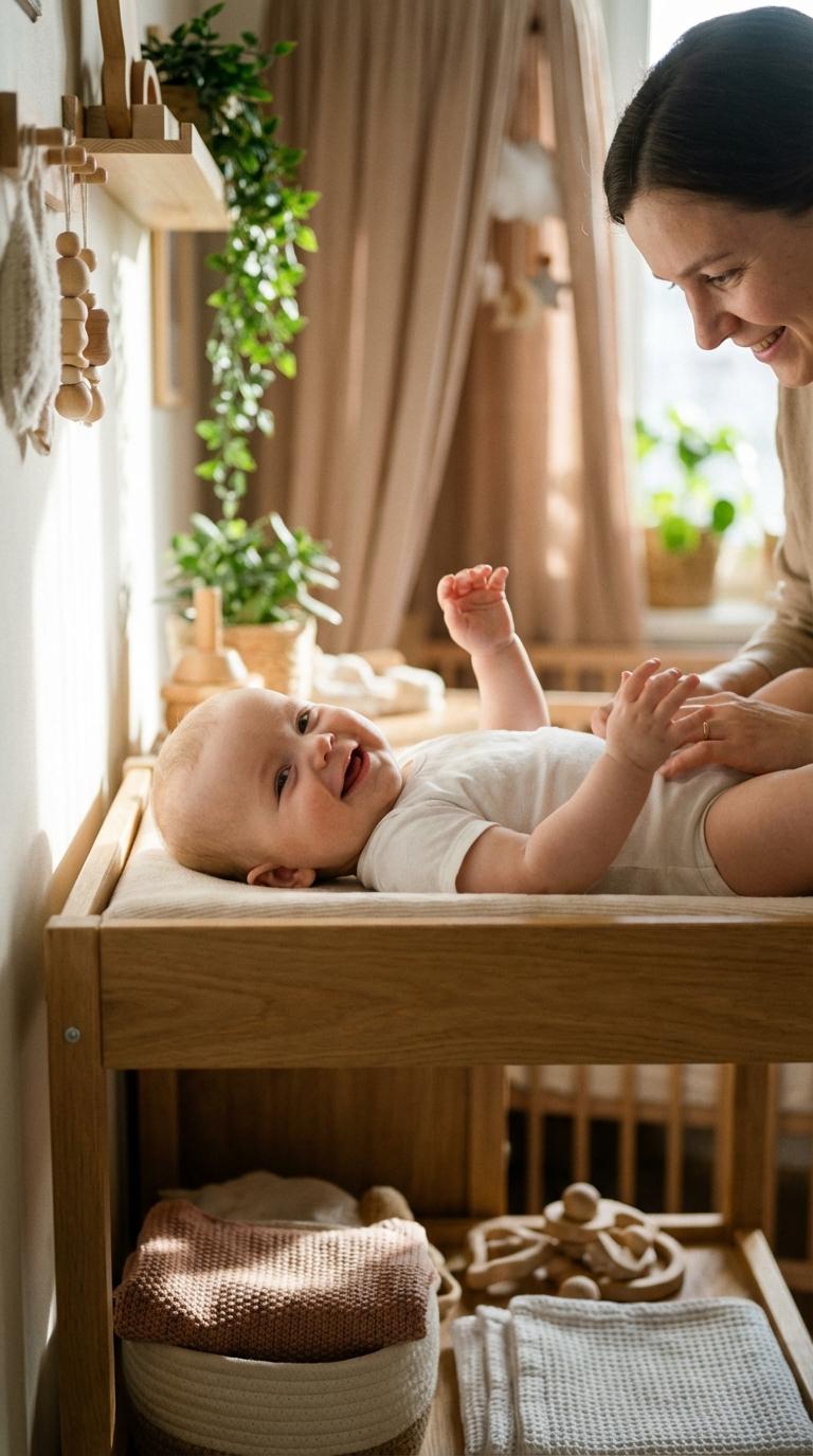 A happy baby on a changing table during a diaper change by their parent in a bright nursery.