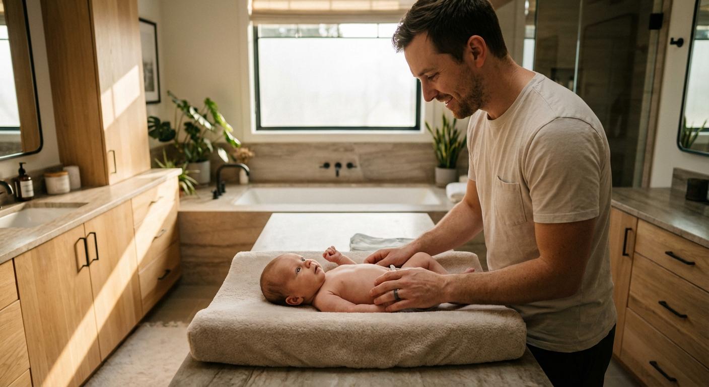 Un nouveau-né calme regardant son père qui prépare les affaires pour le changement de couche dans la salle de bain.