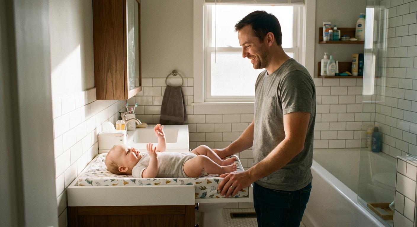 An awake infant on a changing mat looking at his father before a diaper change in a bright bathroom