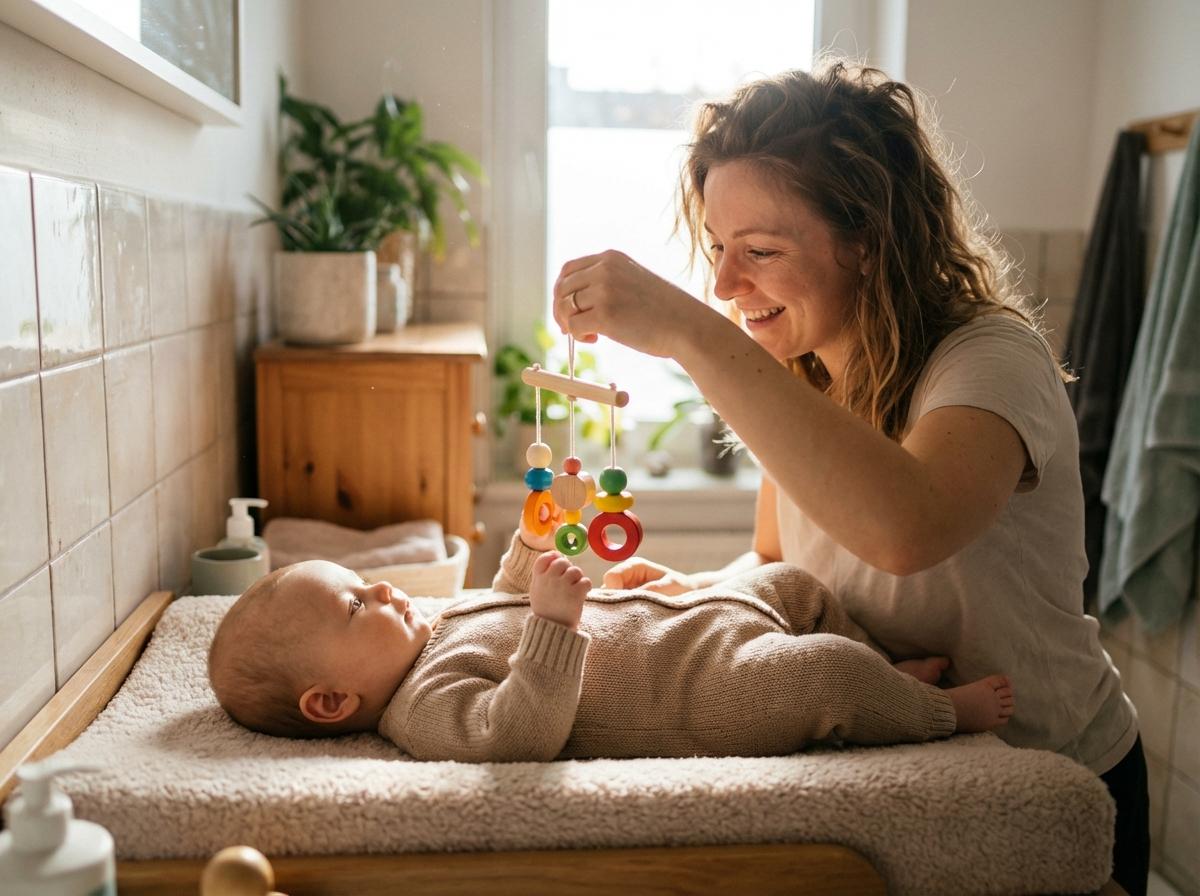 A calm infant observing a toy held by their mother during a diaper change
