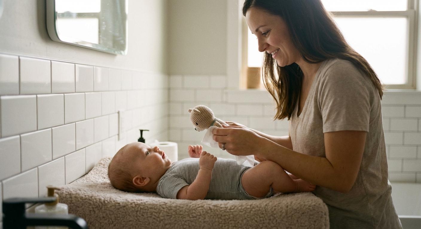 A calm baby looking at a toy while their mom proceeds with a diaper change in a modern bathroom.