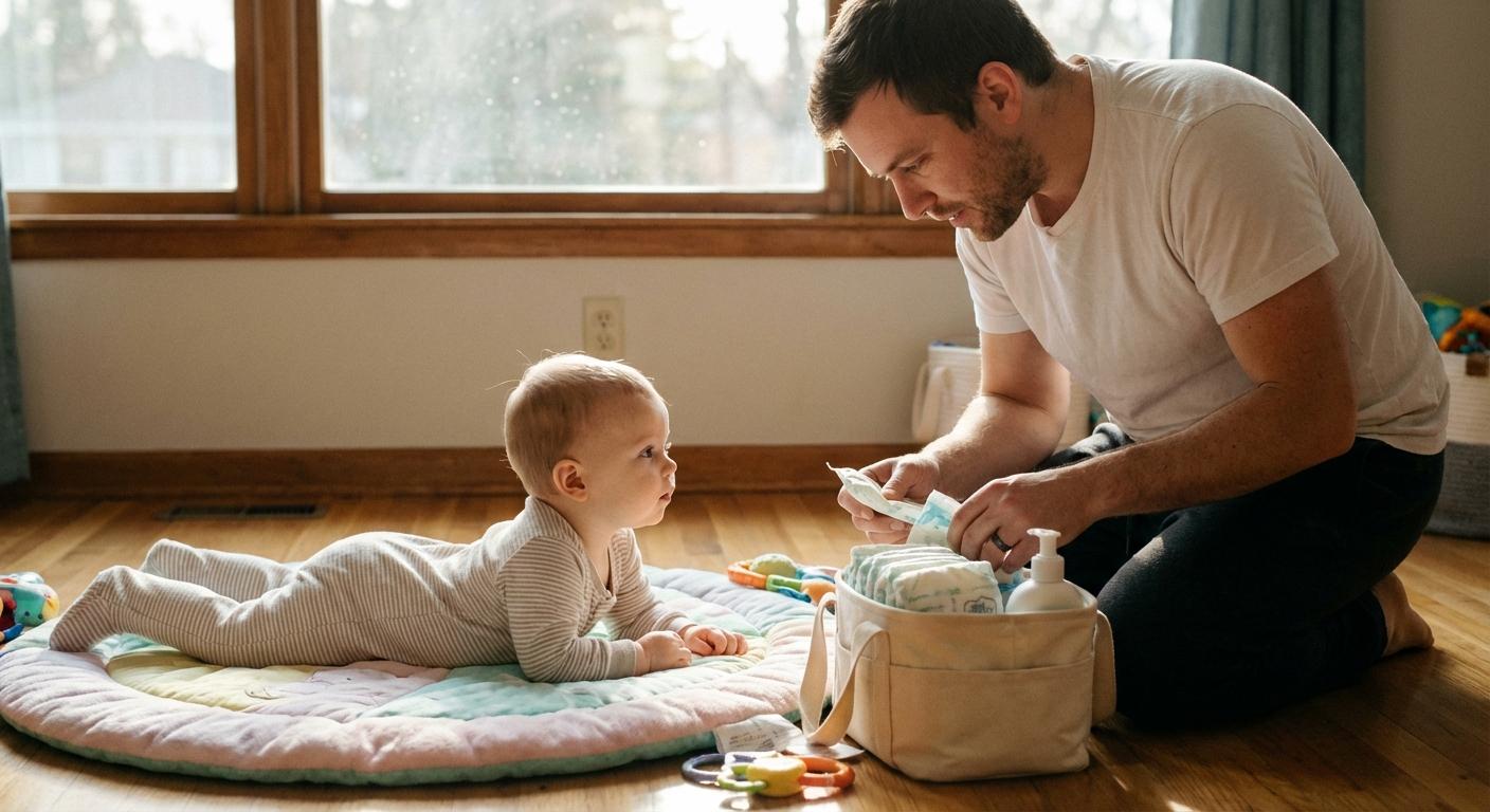 A calm baby on a play mat on the floor getting ready for a diaper change with their dad.