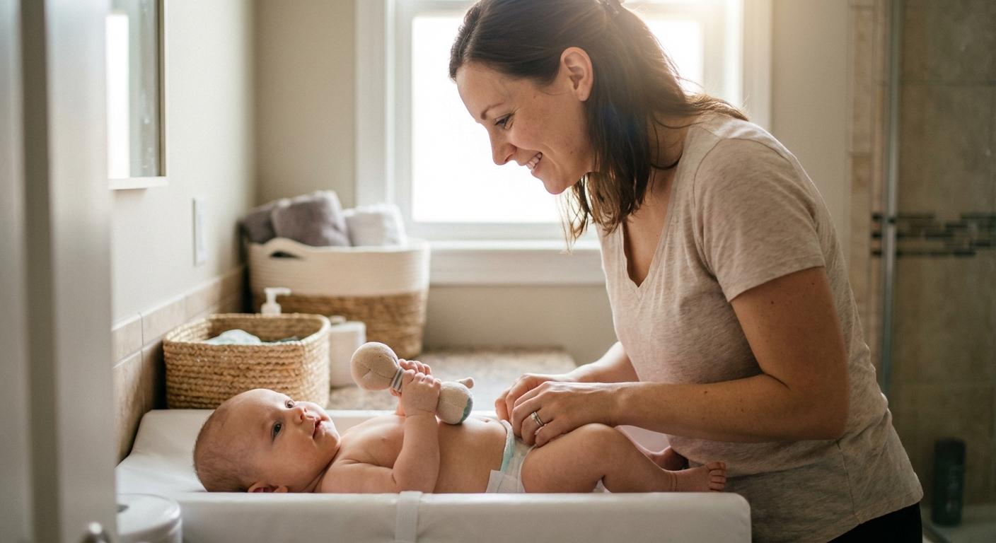 A baby happily playing with a plush rattle during a diaper change performed by his mom in the bathroom.