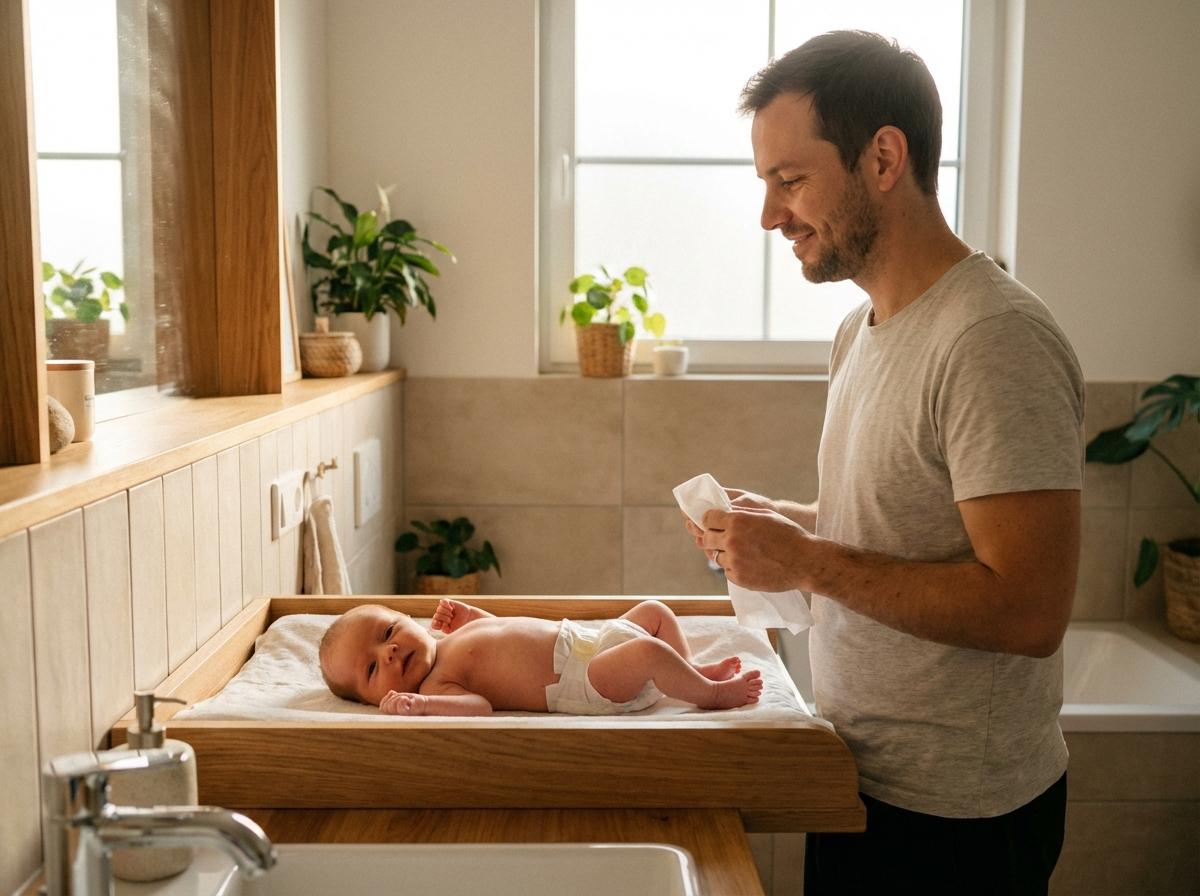 A calm newborn on a changing table observed by their father preparing supplies for a diaper change in a bathroom.