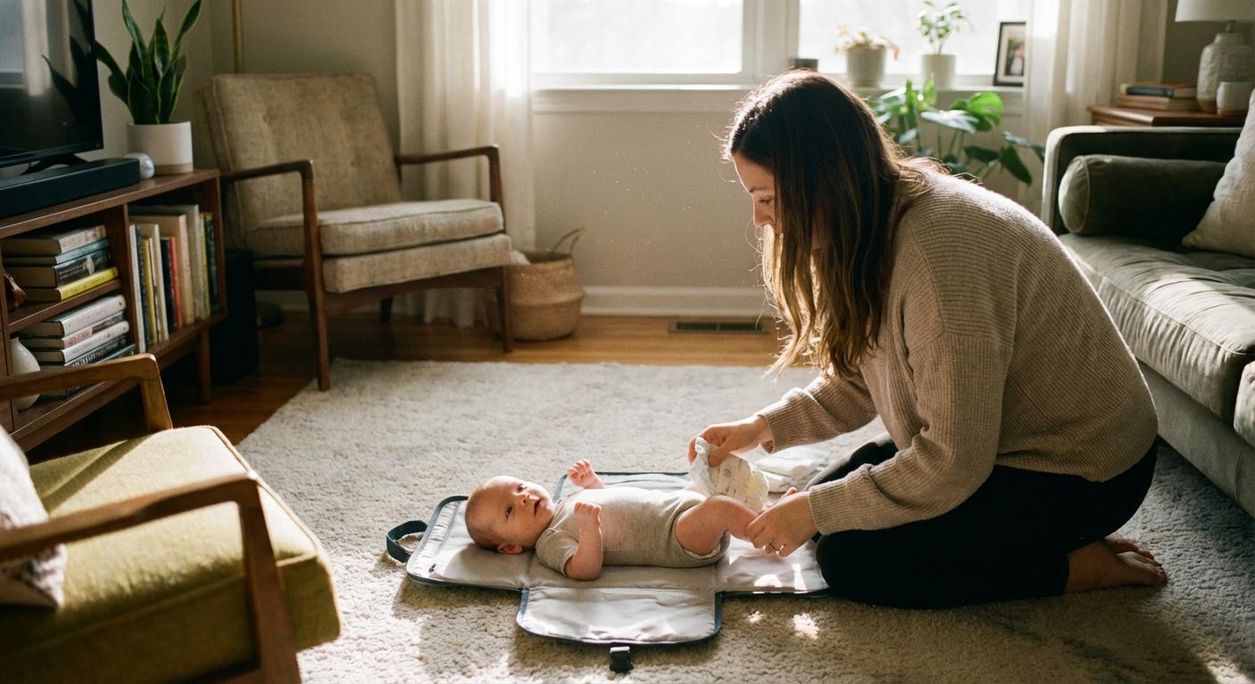A calm newborn lying on a portable mat in the living room during a diaper change prepared by his mother.