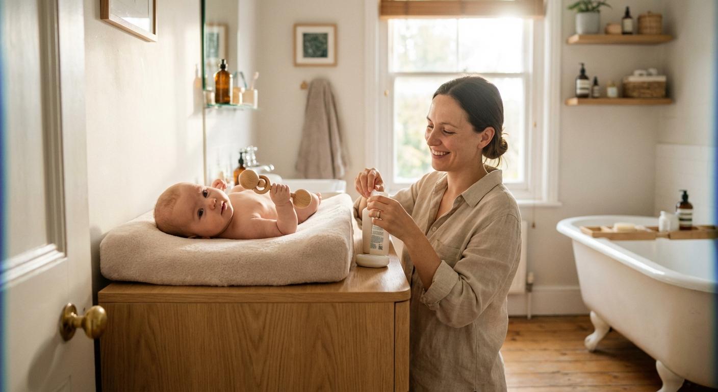 An attentive infant with their mother in a bright bathroom preparing for a diaper change.