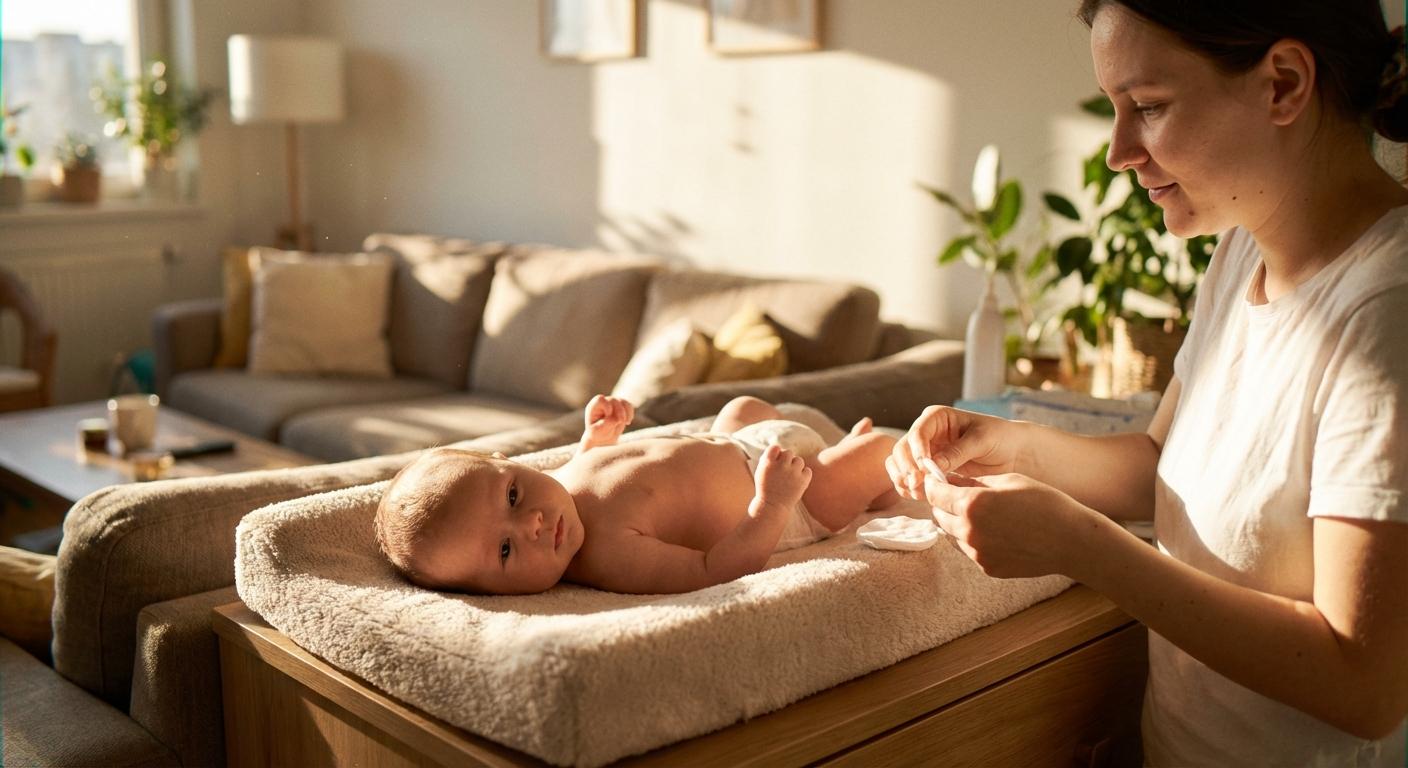 Calm infant on a care mat during a diaper change prepared by his mother in a living room.