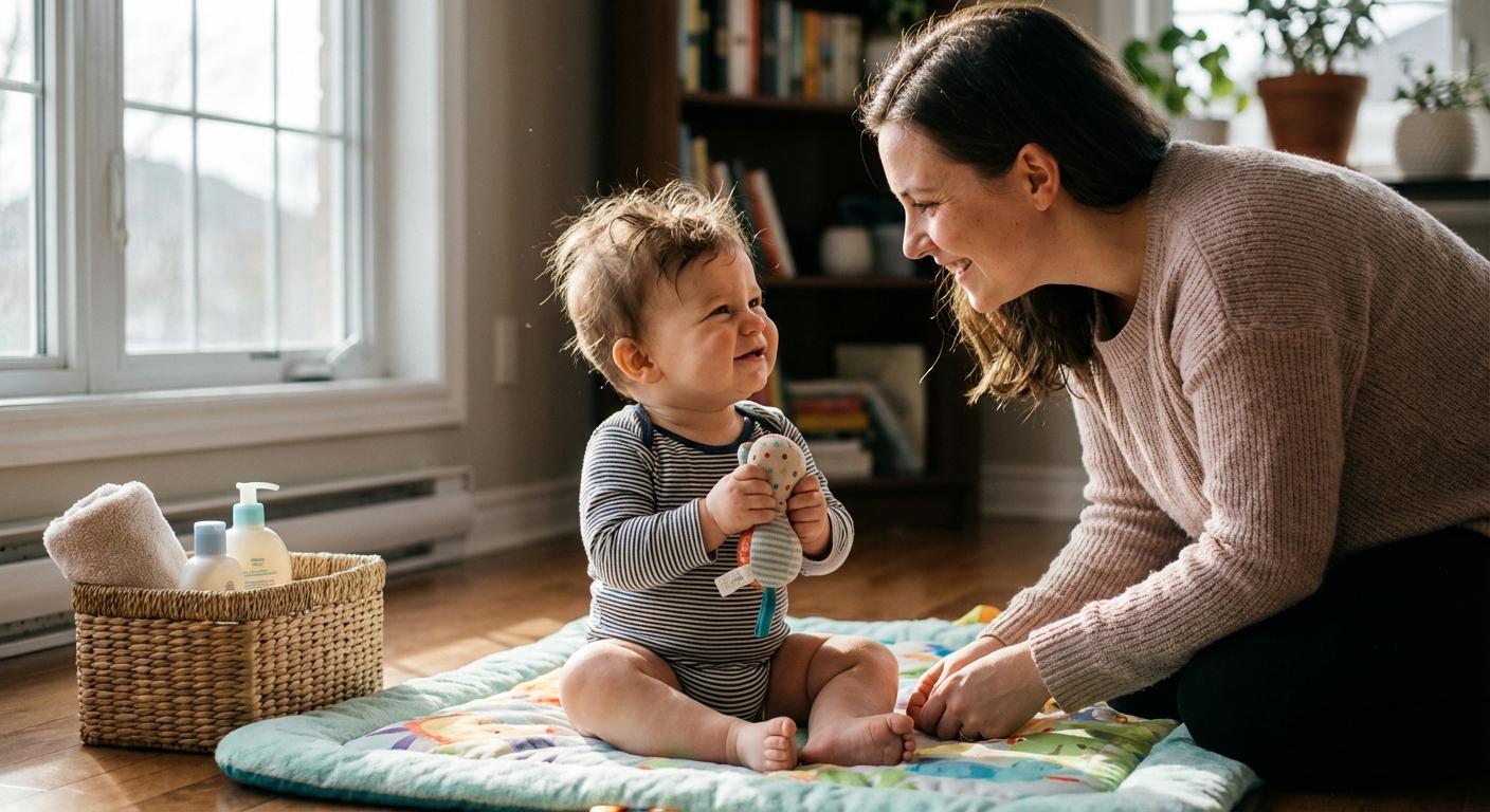 A happy baby on a play mat with his mother getting ready for a diaper change